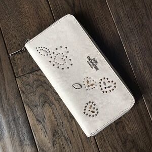 Coach Heart Bandana Rivets Leather Zip Around Long Wallet, Chalk, F67495